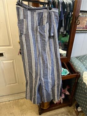 Anthropologie Blue and White Vertical Stripe Wide-Leg Pants